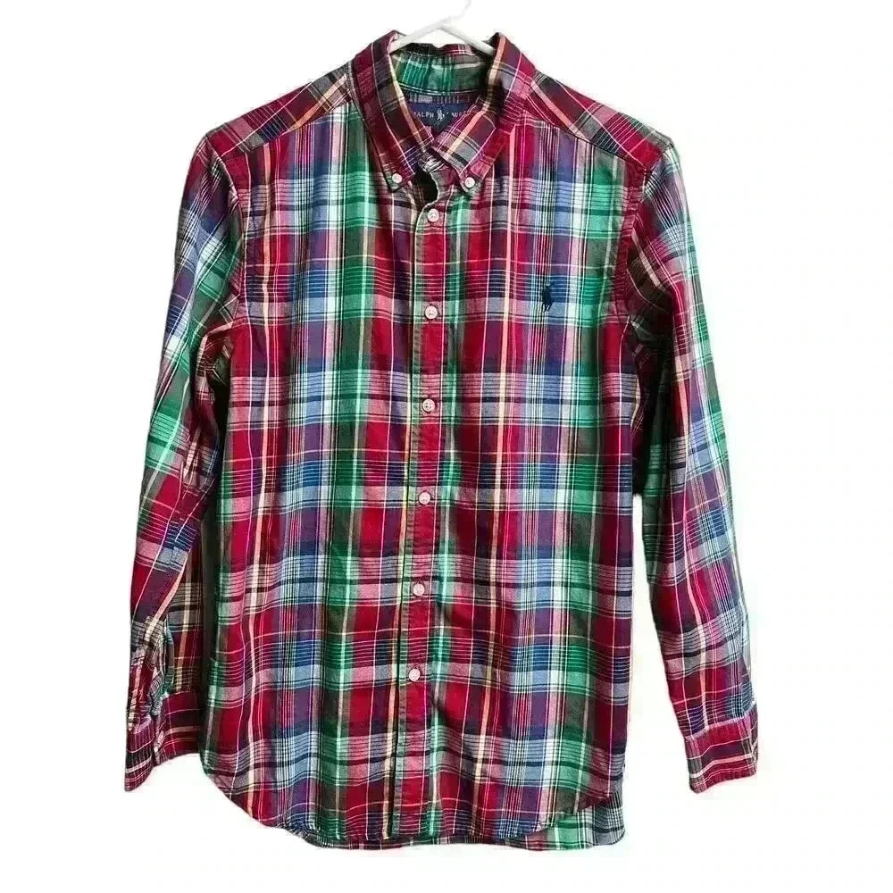 Ralph Lauren Red Green Purple Long Sleeve Boys Large 14/16 Long Sleeve Button Up - Picture 1 of 7